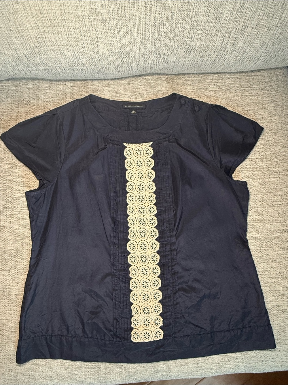 Banana Republic Navy Short-Sleeve Top with Cream Crochet Panel- Cotton|Silk